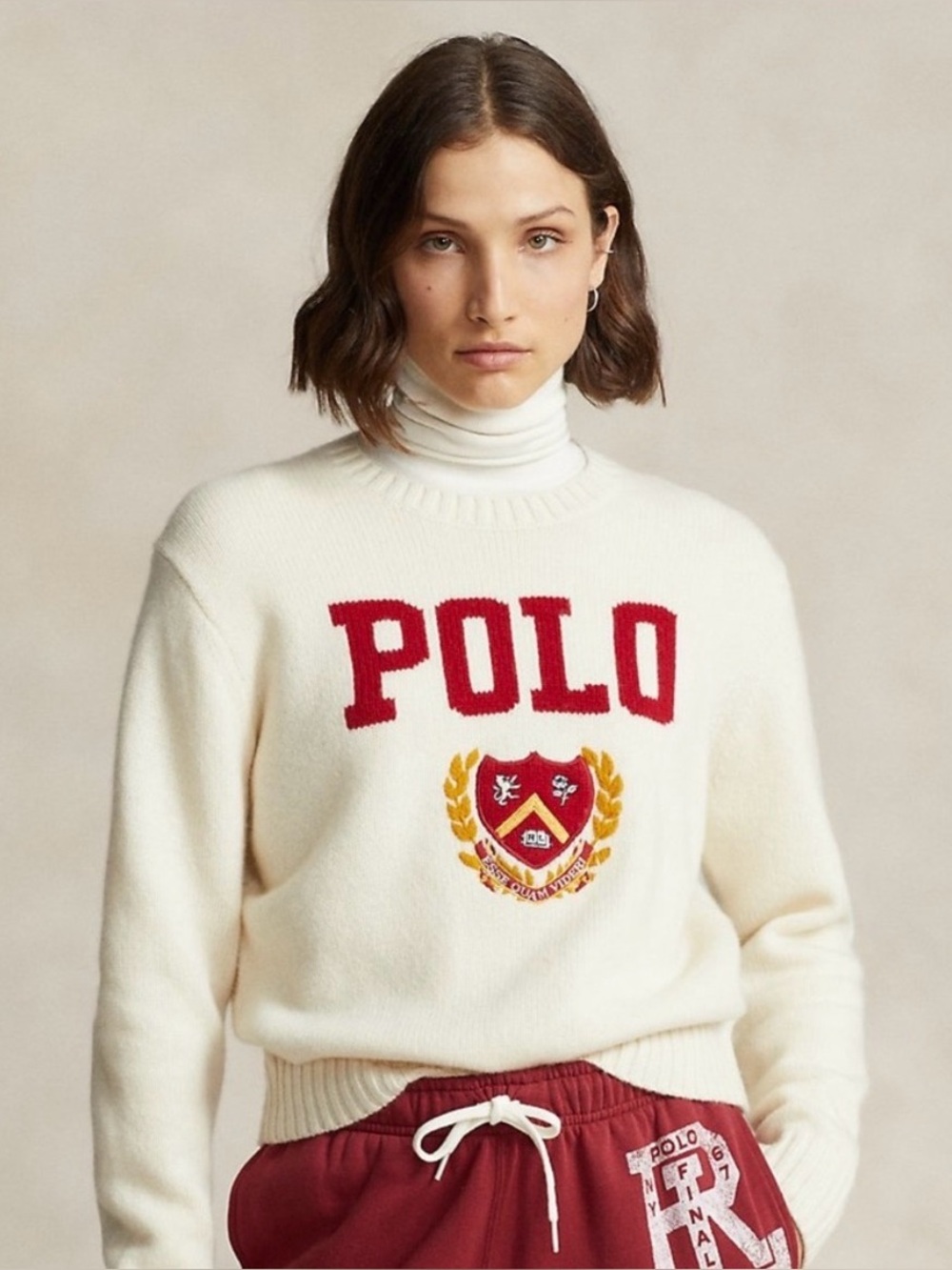 Polo by Ralph Lauren Cream Crewneck Sweater with Red 'POLO' and Gold Crest - Picture 2 of 7